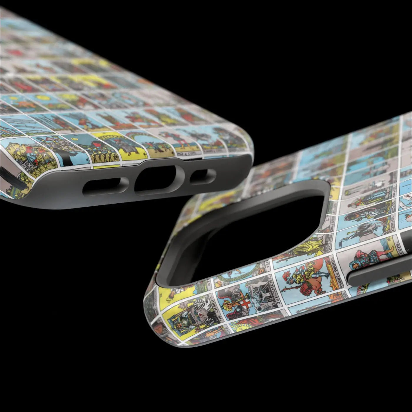 Back side of a phone case with a vibrant vintage tarot card collage print on a rigid polycarbonate shell in yellow and blue