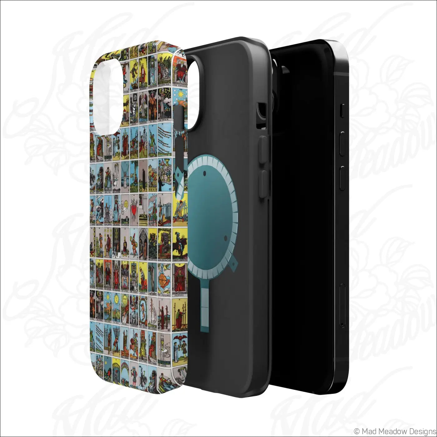 Black phone case with vibrant tarot card print and teal circle on back made of rigid polycarbonate shell