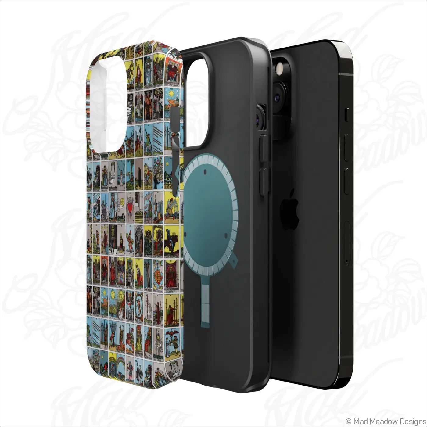 Black iphone back with a colorful vintage tarot card collage phone case featuring rigid polycarbonate impact protection