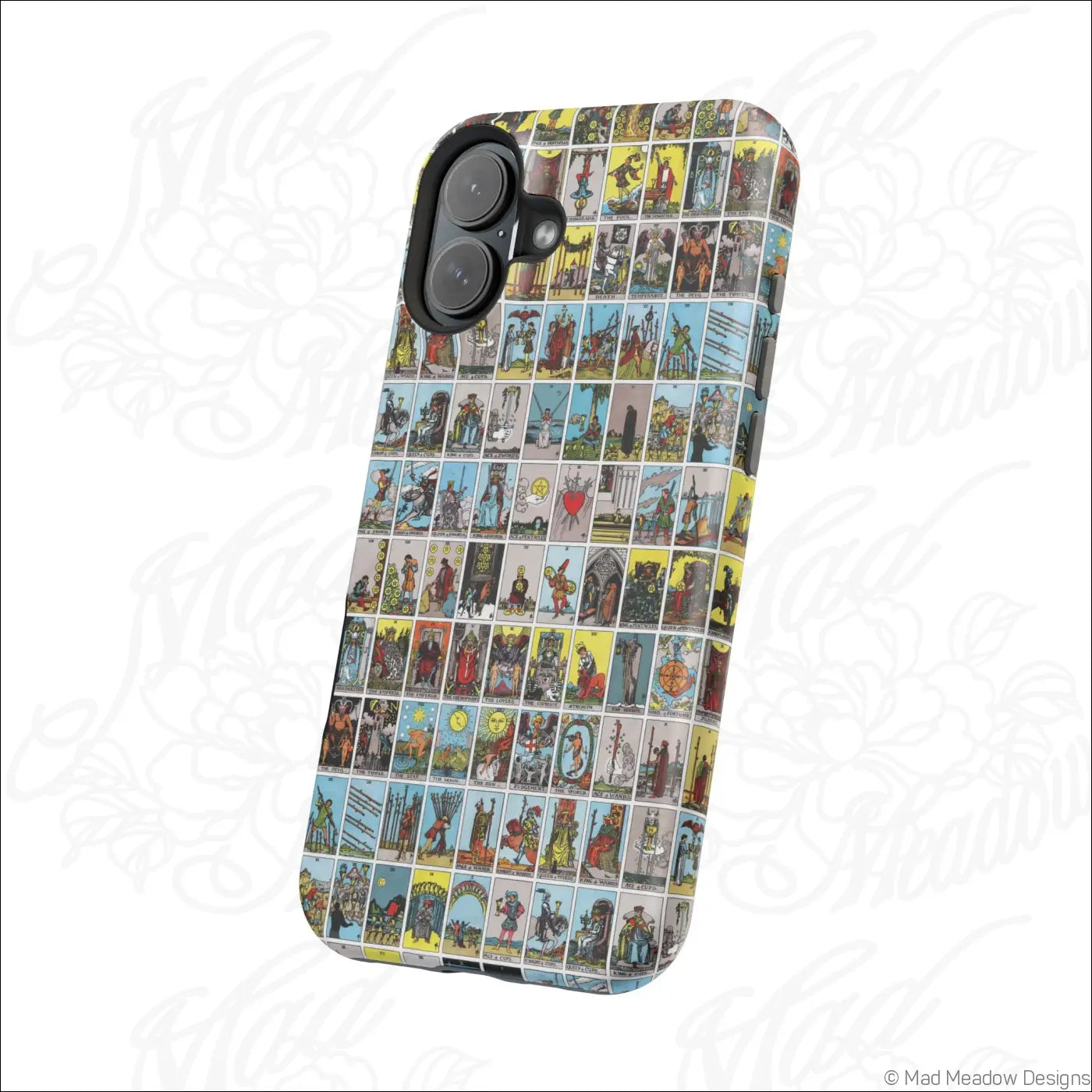 Back view of a phone case with vibrant vintage tarot card collage on rigid polycarbonate shell for impact resistance