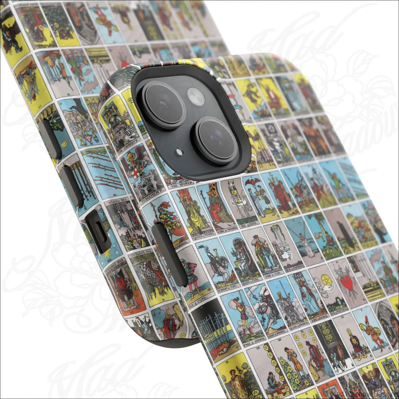 Vibrant phone case with vintage tarot card collage design on rigid polycarbonate shell for magnetic impact resistance
