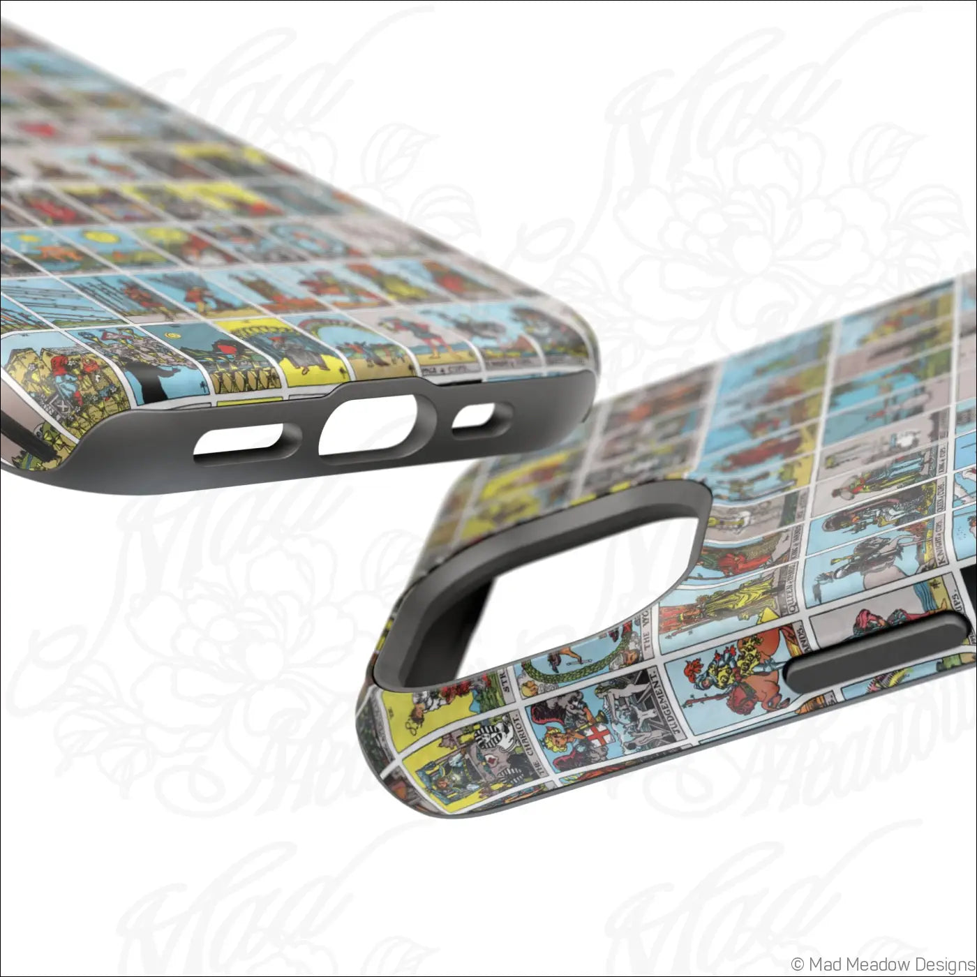 Vibrant vintage tarot card collage phone case with glossy yellow blue red design on rigid polycarbonate shell back side