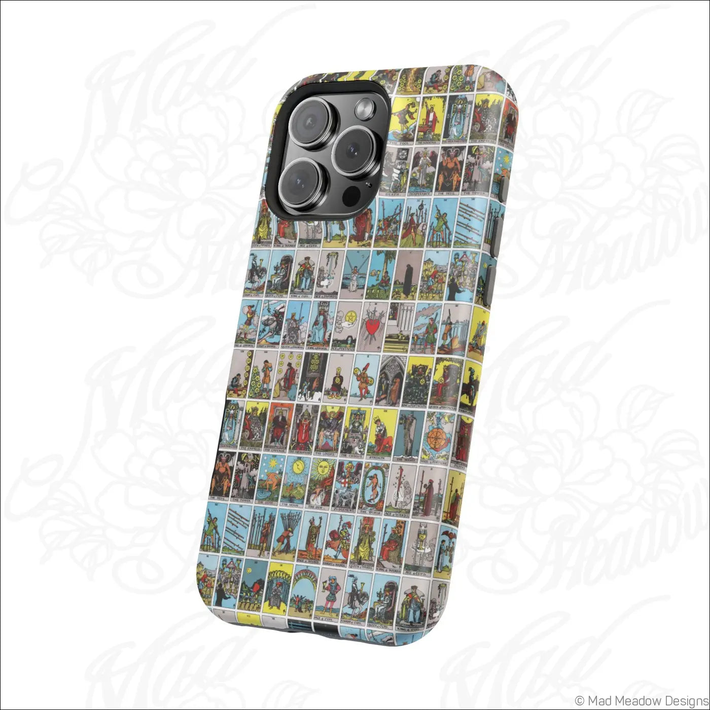 Back of a vibrant phone case with colorful vintage tarot card collage on rigid polycarbonate shell for impact resistance