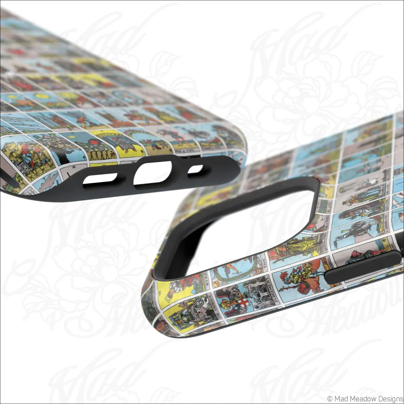 Back side of a vibrant phone case with vintage tarot card collage design made of rigid polycarbonate shell