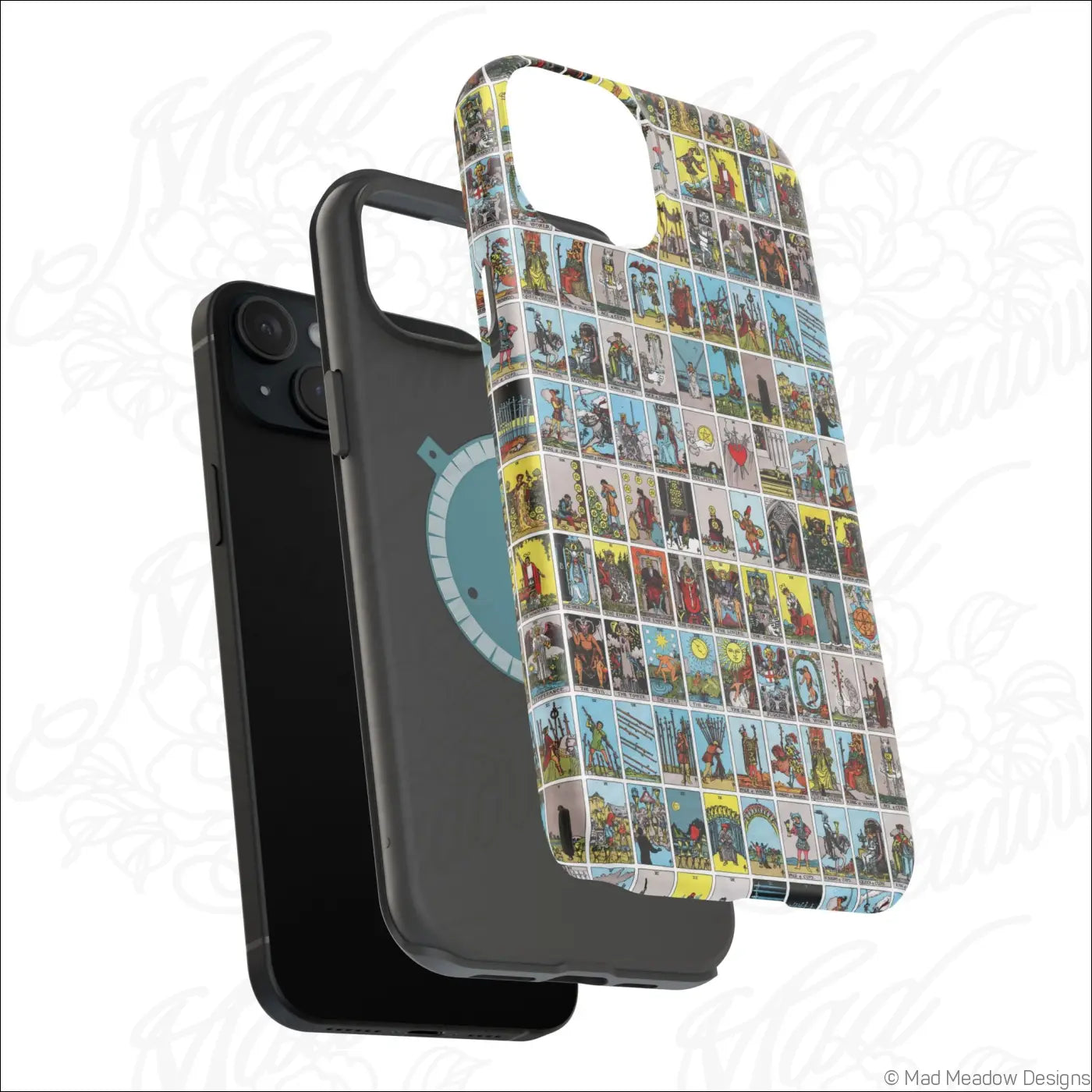 Back of a phone case with vintage tarot card collage design in rich colors on a rigid polycarbonate shell