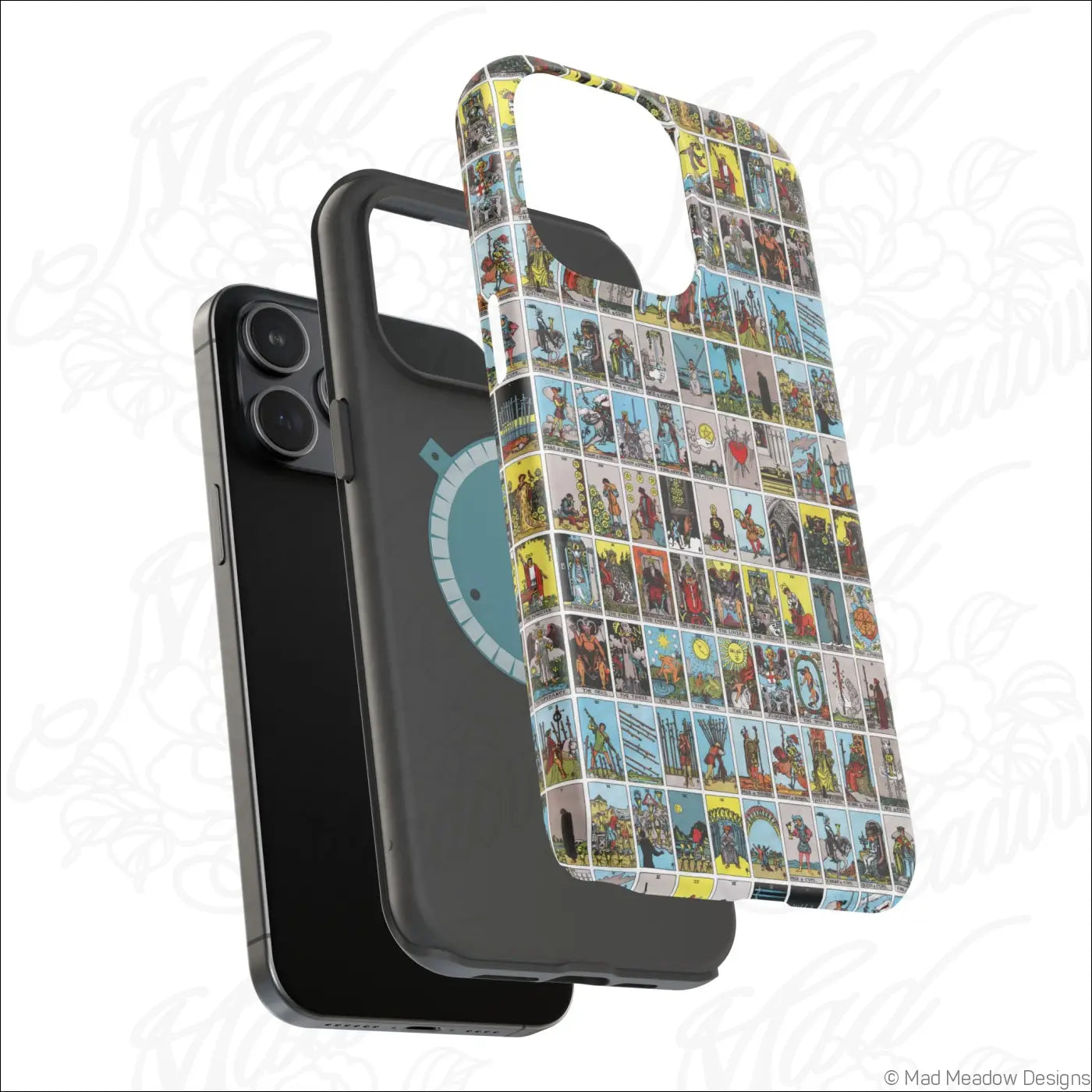Back of a vibrant phone case with vintage tarot card collage on rigid polycarbonate shell for impact resistance