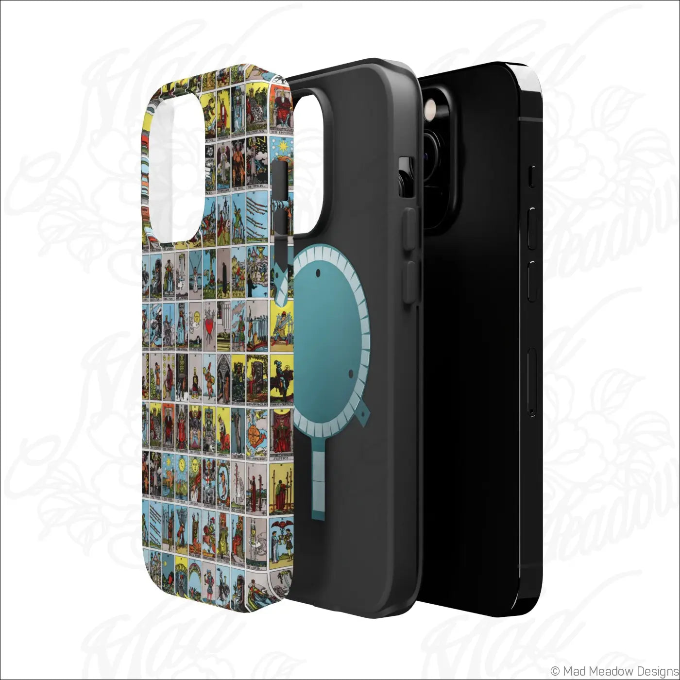 Back of black phone case with vintage tarot card collage and teal magnetic charging port on rigid polycarbonate shell