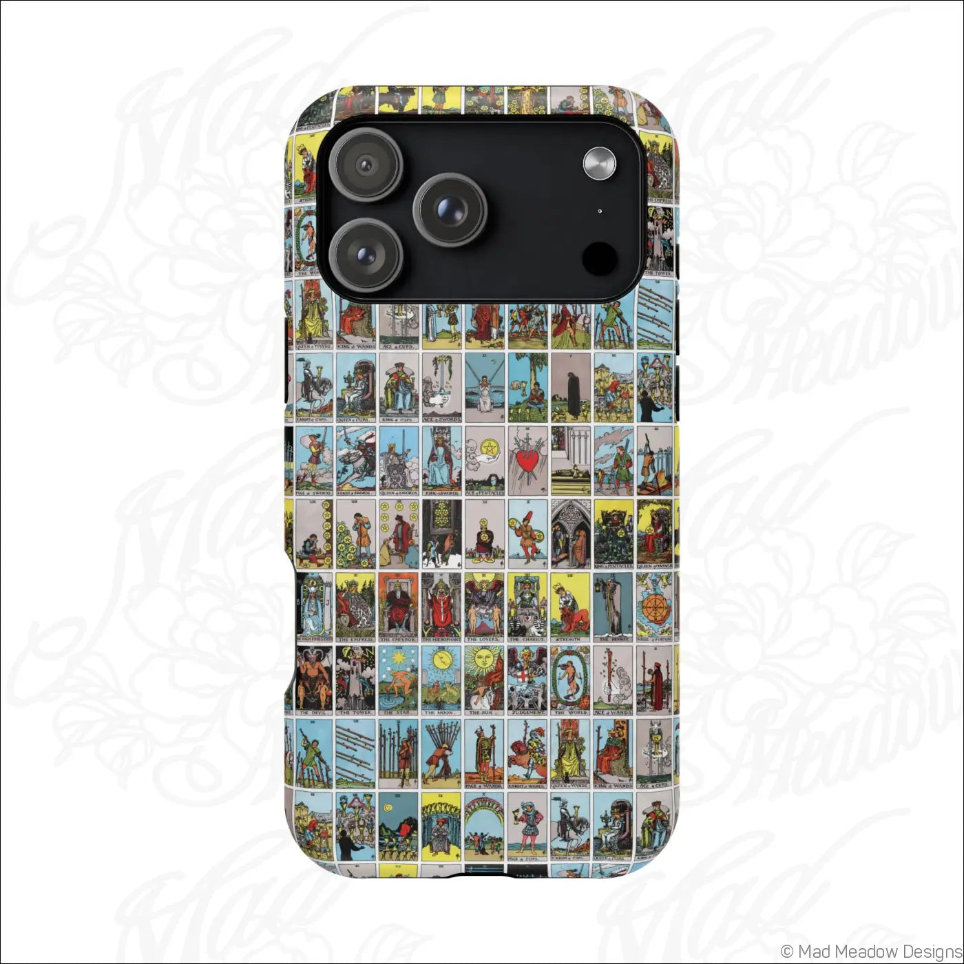 Back of a phone case with vibrant vintage tarot card collage design on rigid polycarbonate shell for impact resistance