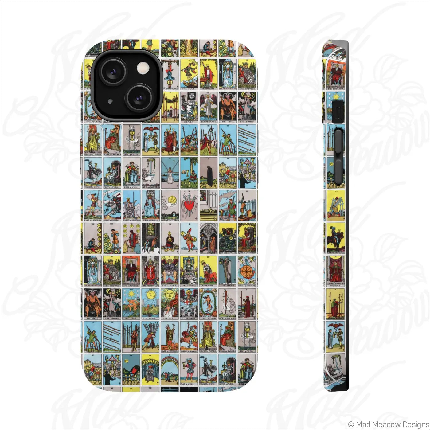 Back of a phone case with vibrant vintage tarot card collage design on a rigid polycarbonate shell for impact resistance