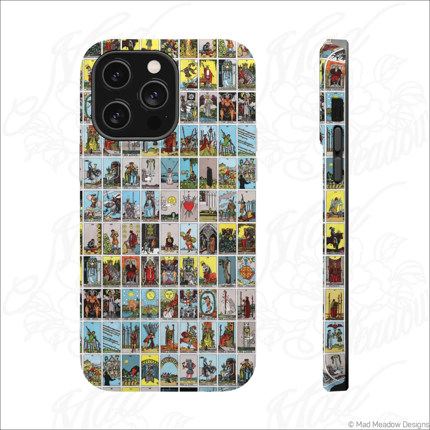 Back of a vibrant phone case with vintage tarot card collage on rigid polycarbonate shell for impact resistance