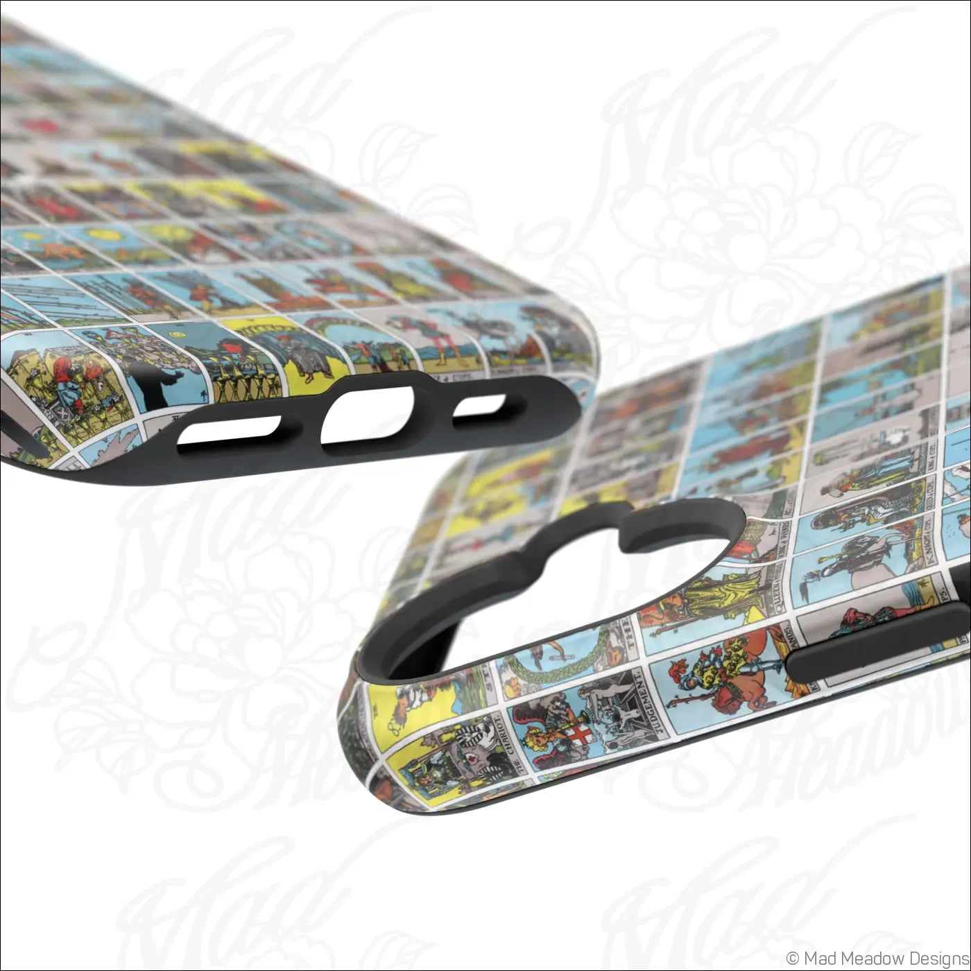 Vibrant phone case with vintage tarot card collage on light background made of rigid polycarbonate shell back view