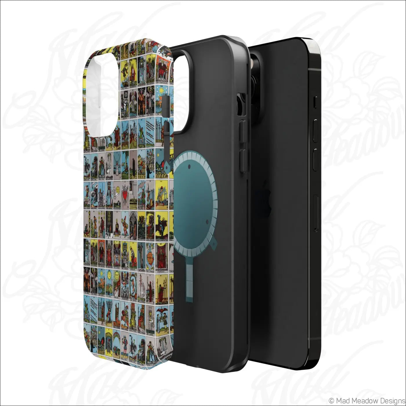 Back of a vibrant phone case with vintage tarot card collage on a rigid polycarbonate shell for impact resistance