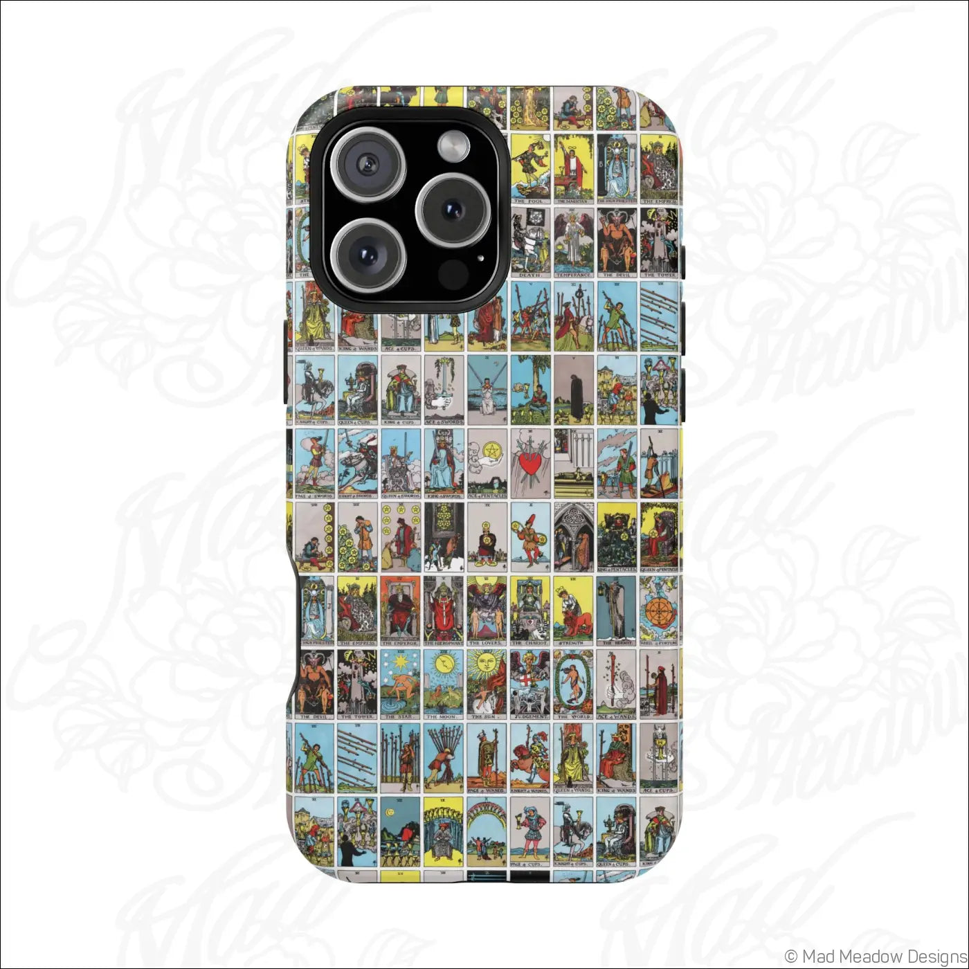 Back of a phone case with vibrant vintage tarot card collage print on a rigid polycarbonate shell for impact resistance