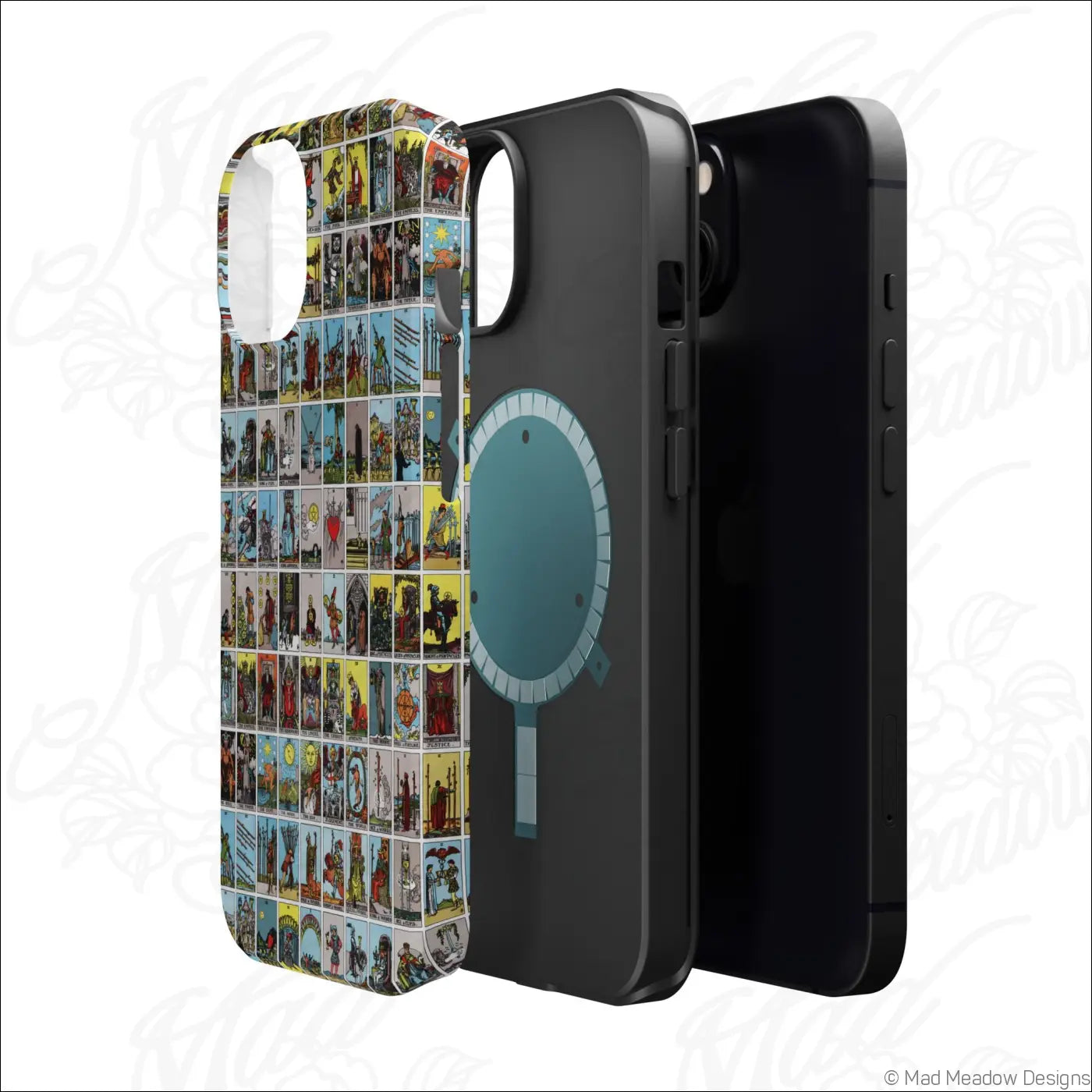 Vibrant vintage tarot card collage phone case with rigid polycarbonate shell and black magnetic back cover shown from back