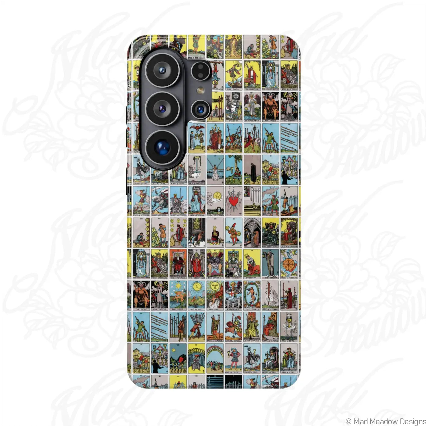 Back of a phone case with a vibrant vintage tarot card collage pattern made from a rigid polycarbonate shell
