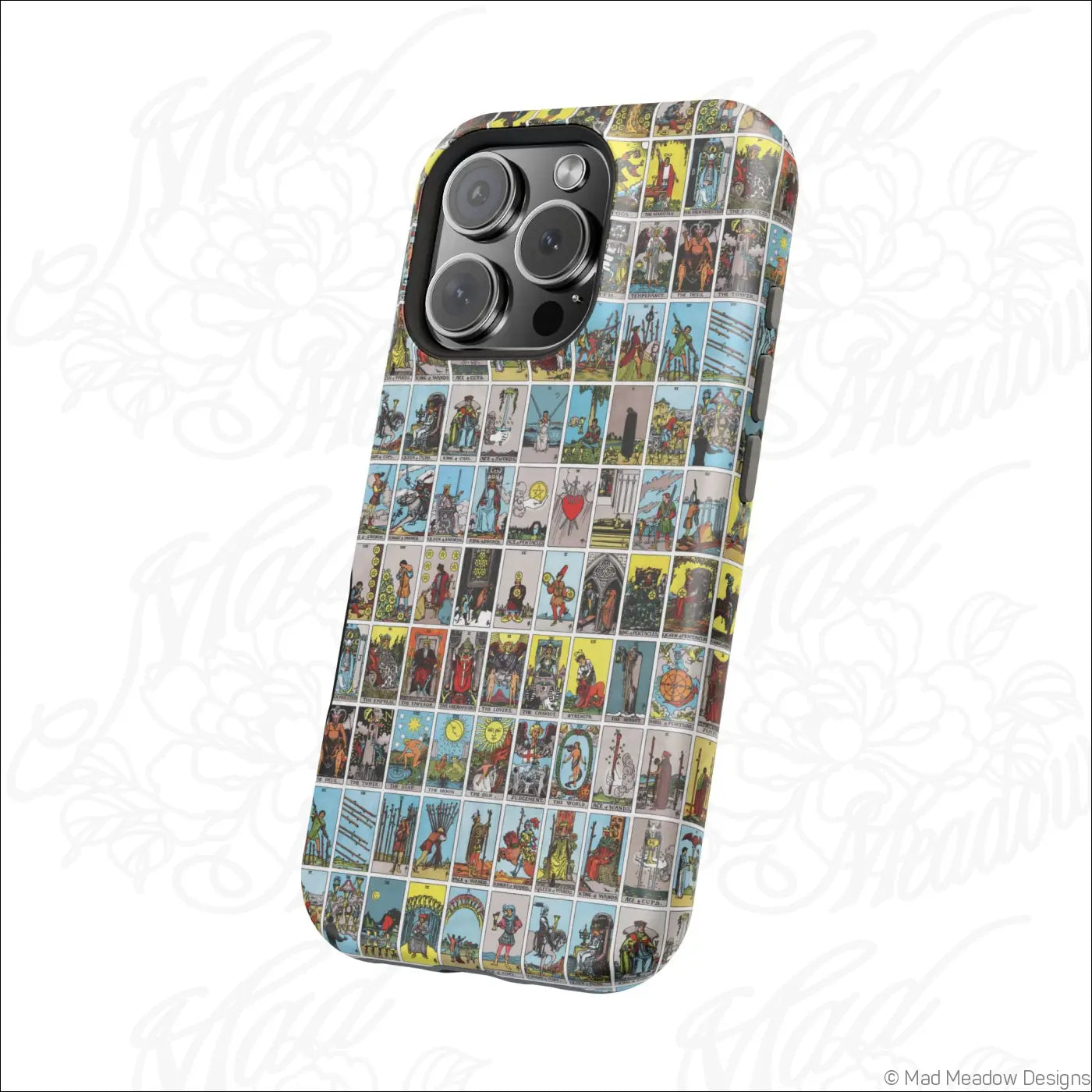 Back of a phone case with a vibrant vintage tarot card collage design on a rigid polycarbonate shell for impact resistance