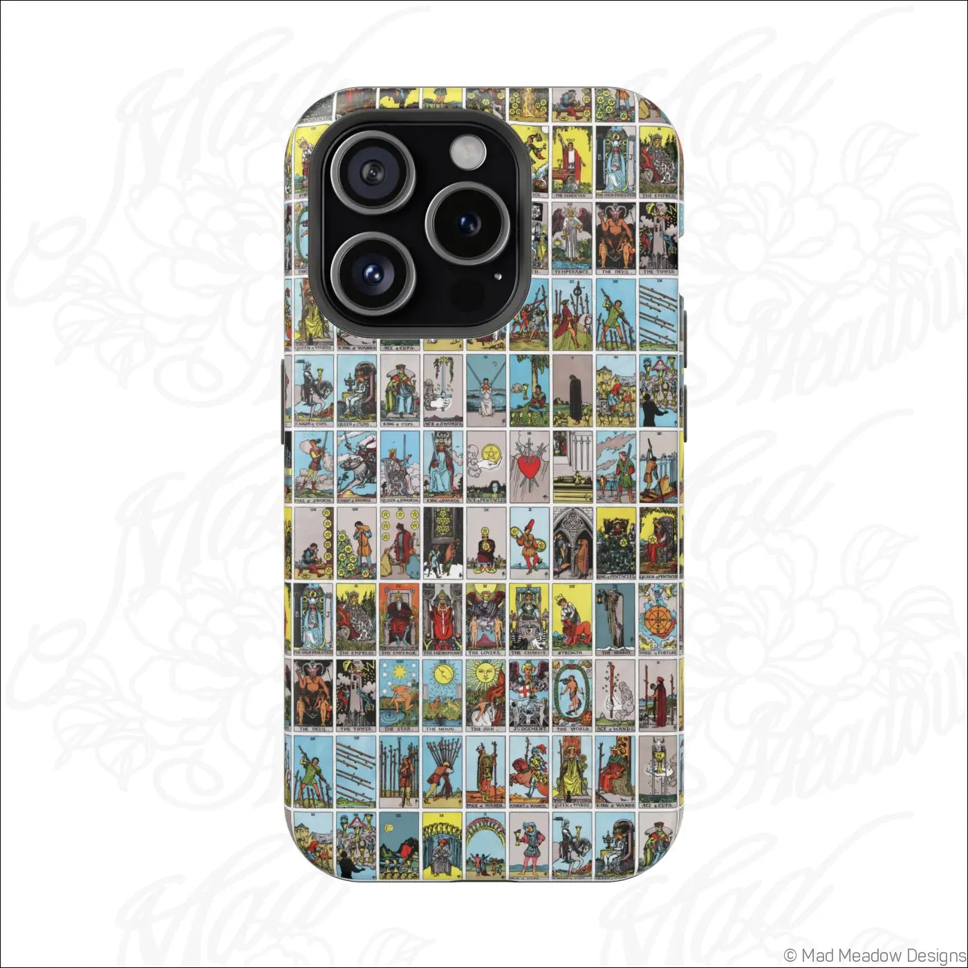 Back of a phone case with vibrant vintage tarot card collage on a rigid polycarbonate shell for impact resistance