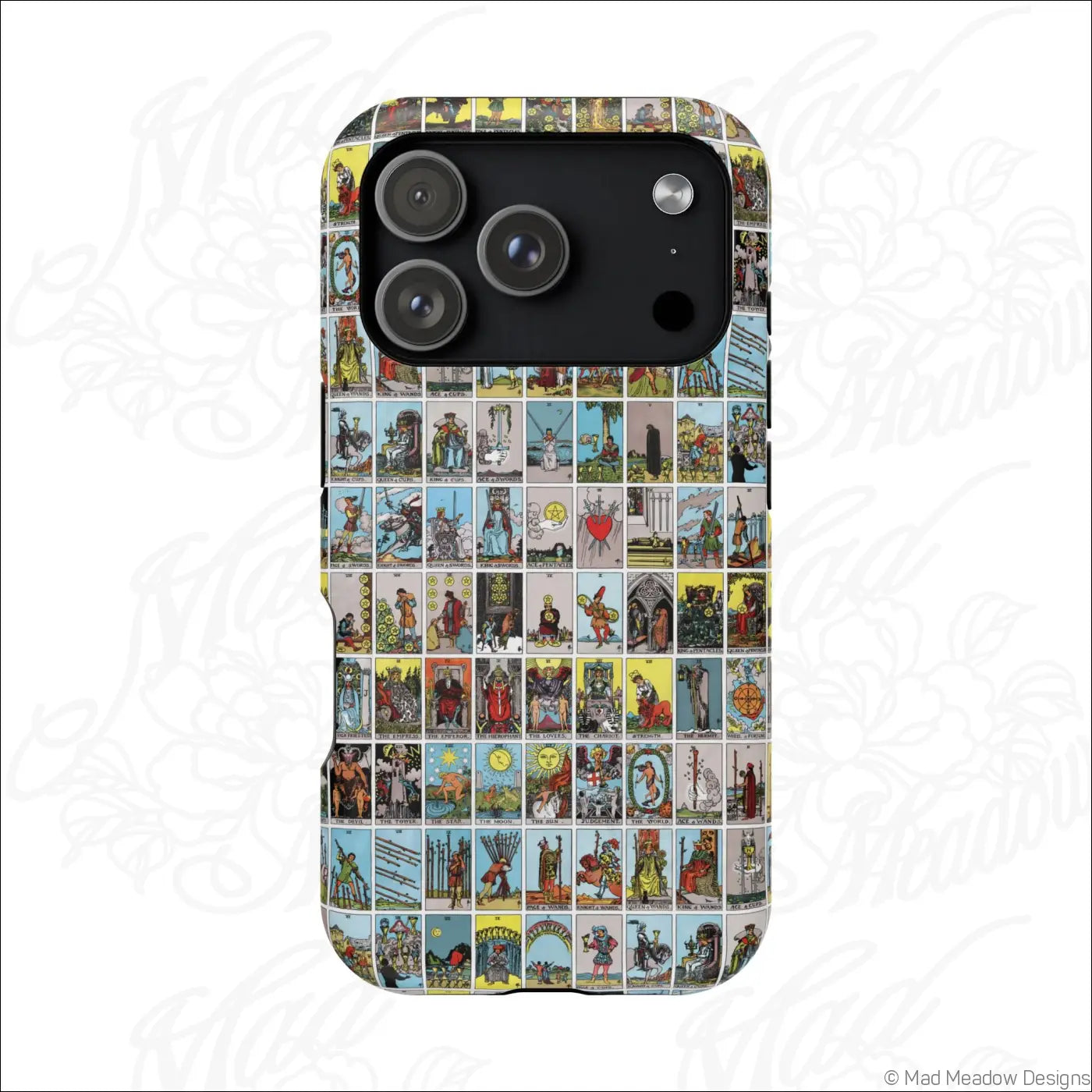 Back of a phone case with a vibrant vintage tarot card collage on a rigid polycarbonate shell for impact resistance