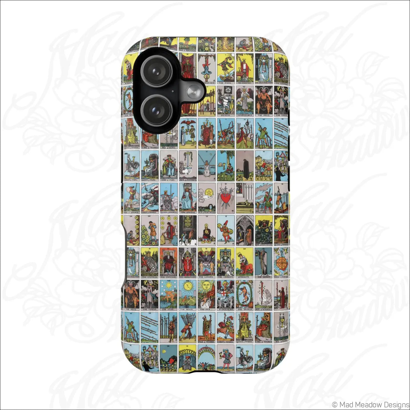 Back side of a phone case with a vibrant vintage tarot card collage on a rigid polycarbonate shell for impact resistance