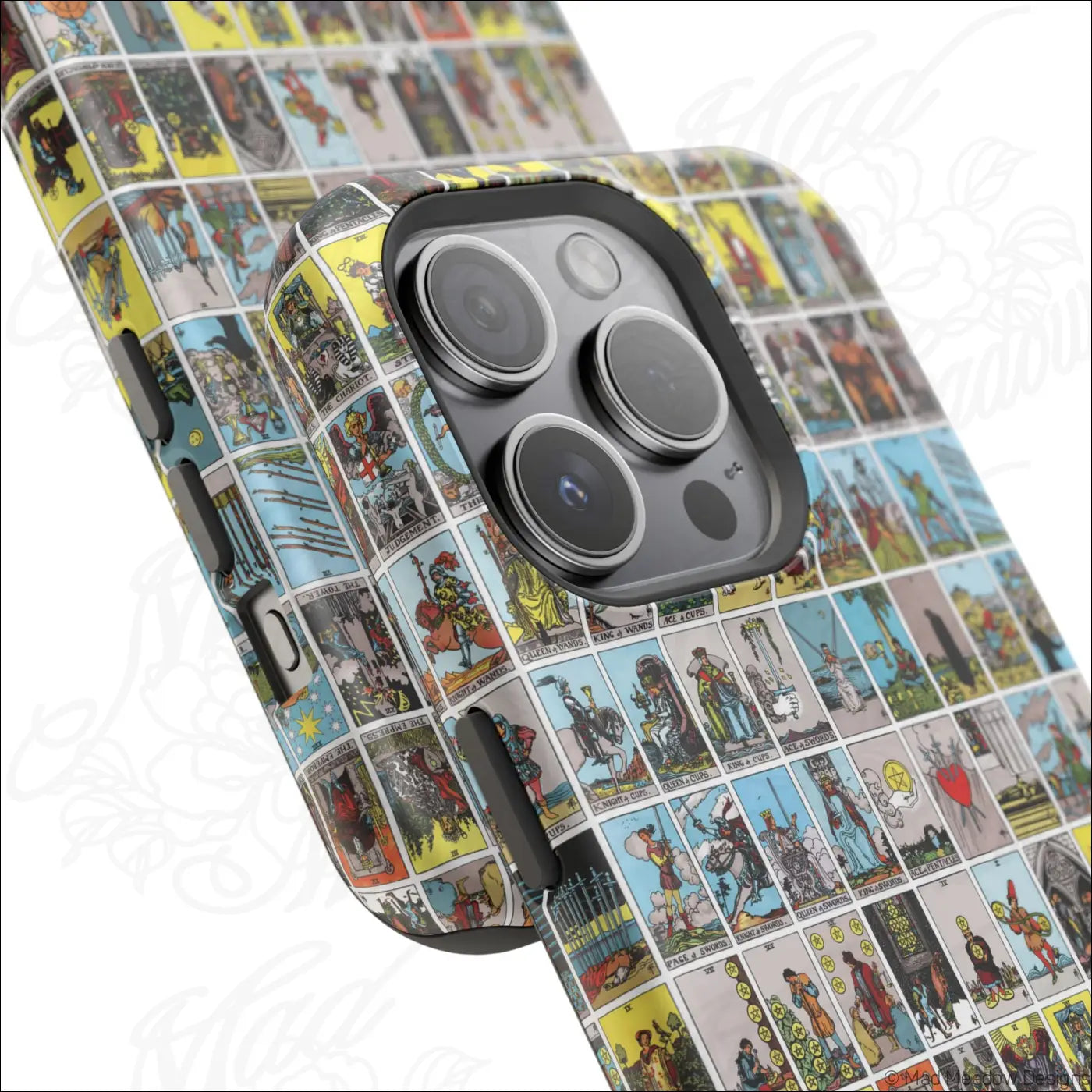Vibrant phone case with vintage tarot card collage on rigid polycarbonate shell for impact-resistant protection