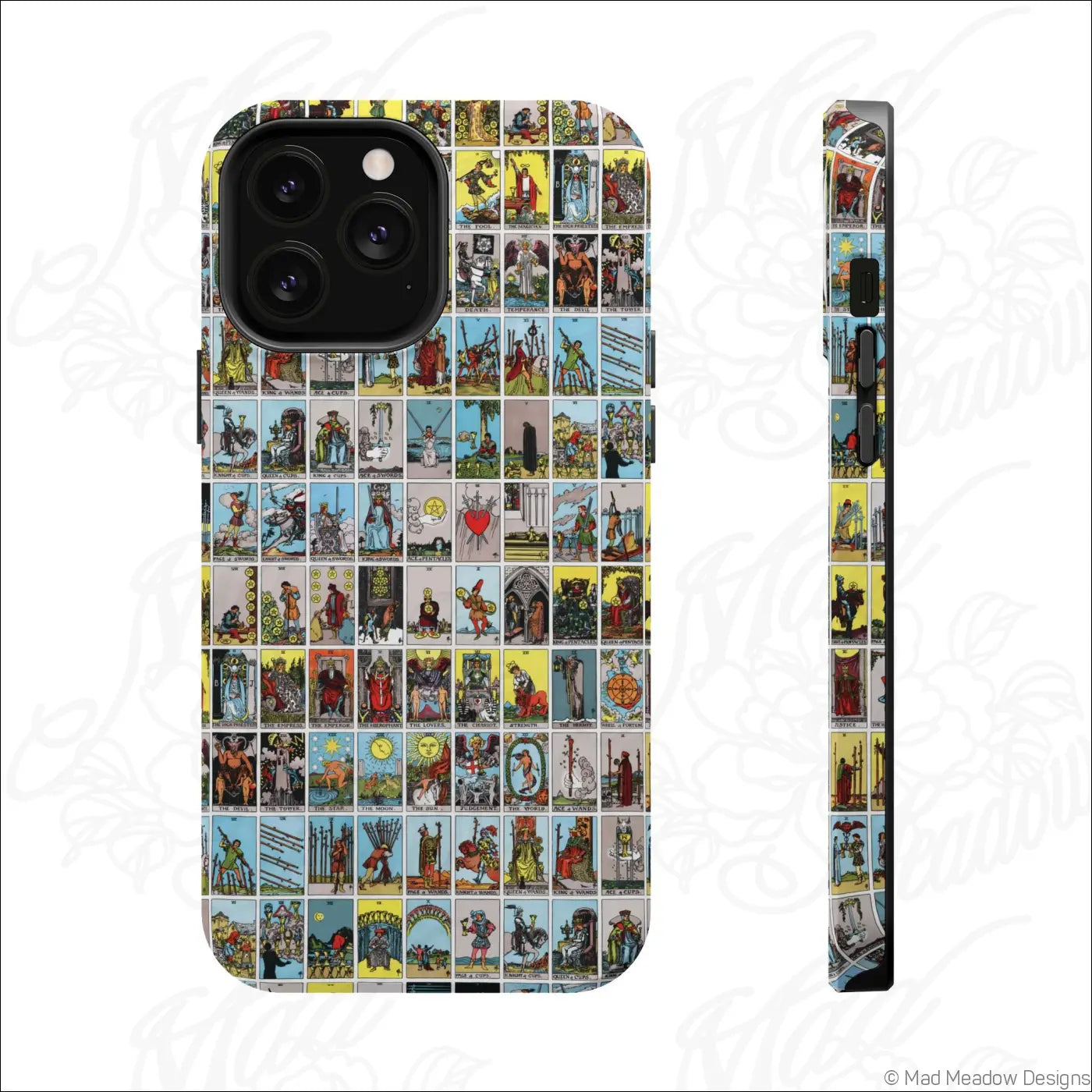 Phone case with vintage tarot card collage on rigid polycarbonate shell offers magnetic impact-resistant protection
