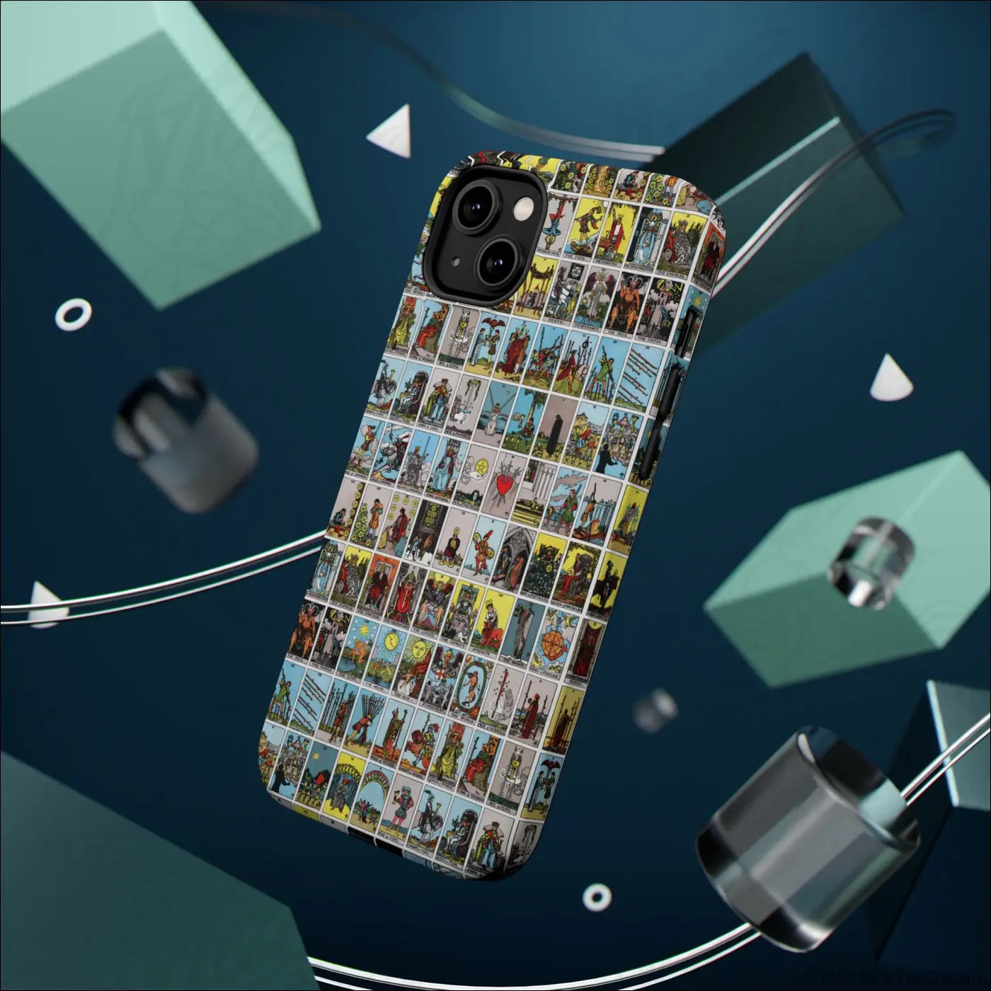 Vibrant phone case with vintage tarot card collage design on rigid polycarbonate shell for impact resistance