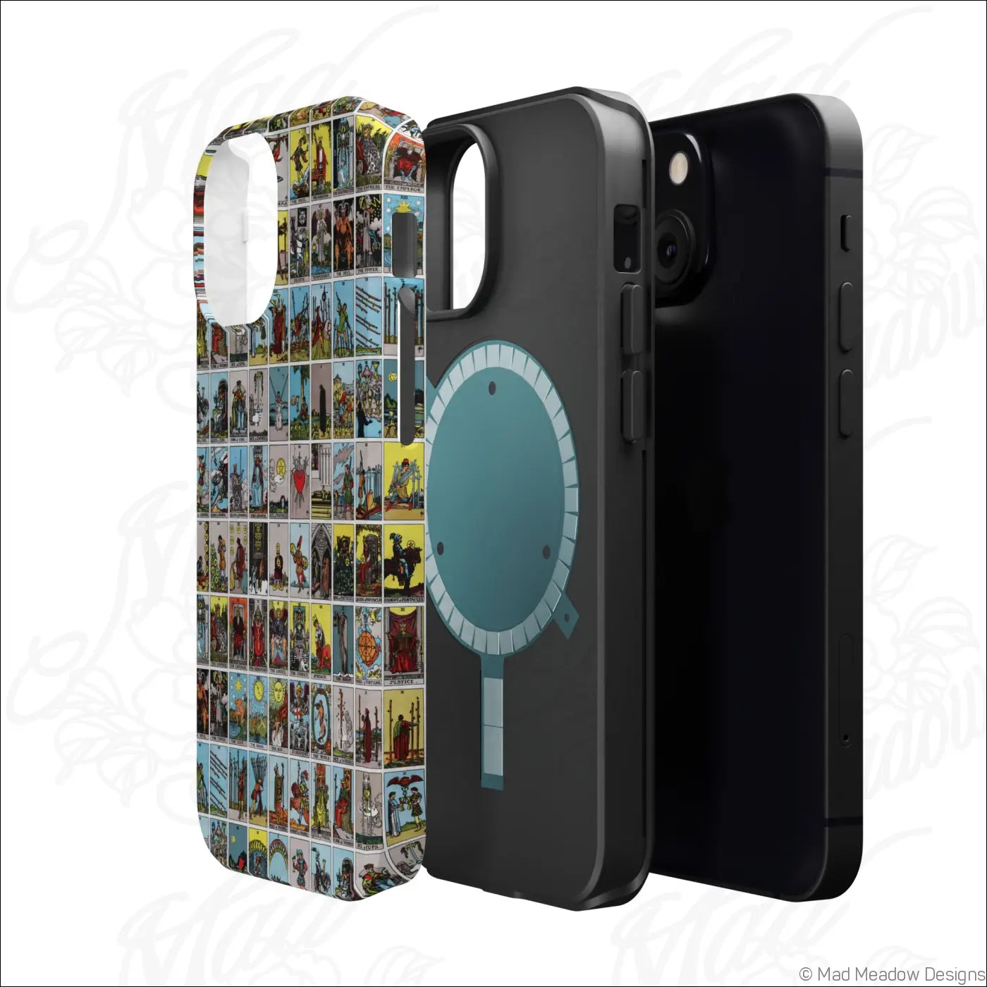 Back of a black phone case with vibrant vintage tarot card print on rigid polycarbonate shell and teal magsafe pad design
