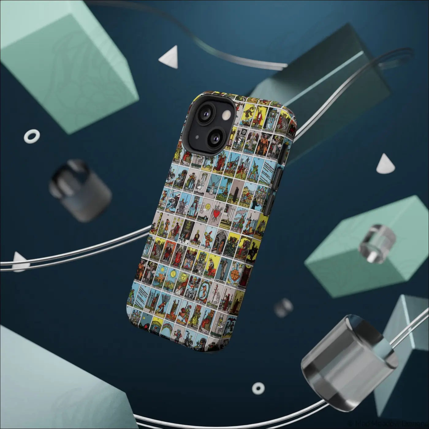 Vibrant phone case with vintage tarot card collage on rigid polycarbonate shell for impact-resistant protection