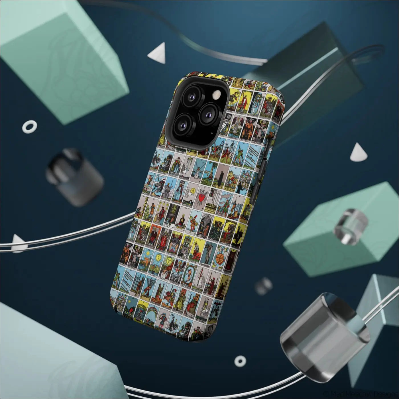 Vibrant phone case with a rigid polycarbonate shell featuring a colorful vintage tarot card collage design on the back
