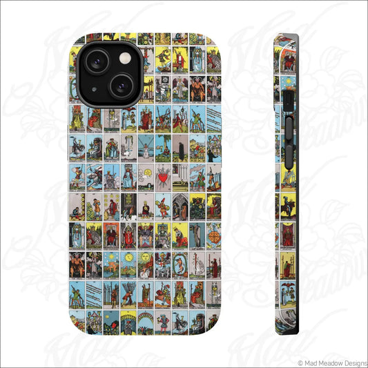 Back of a phone case with a vibrant vintage tarot card collage print on a rigid polycarbonate shell for impact resistance