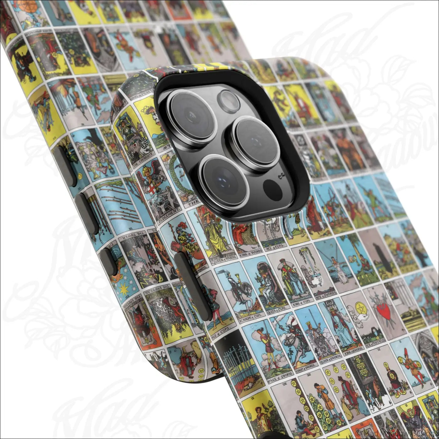 Vibrant phone case with vintage tarot card collage on a rigid polycarbonate shell for impact resistance