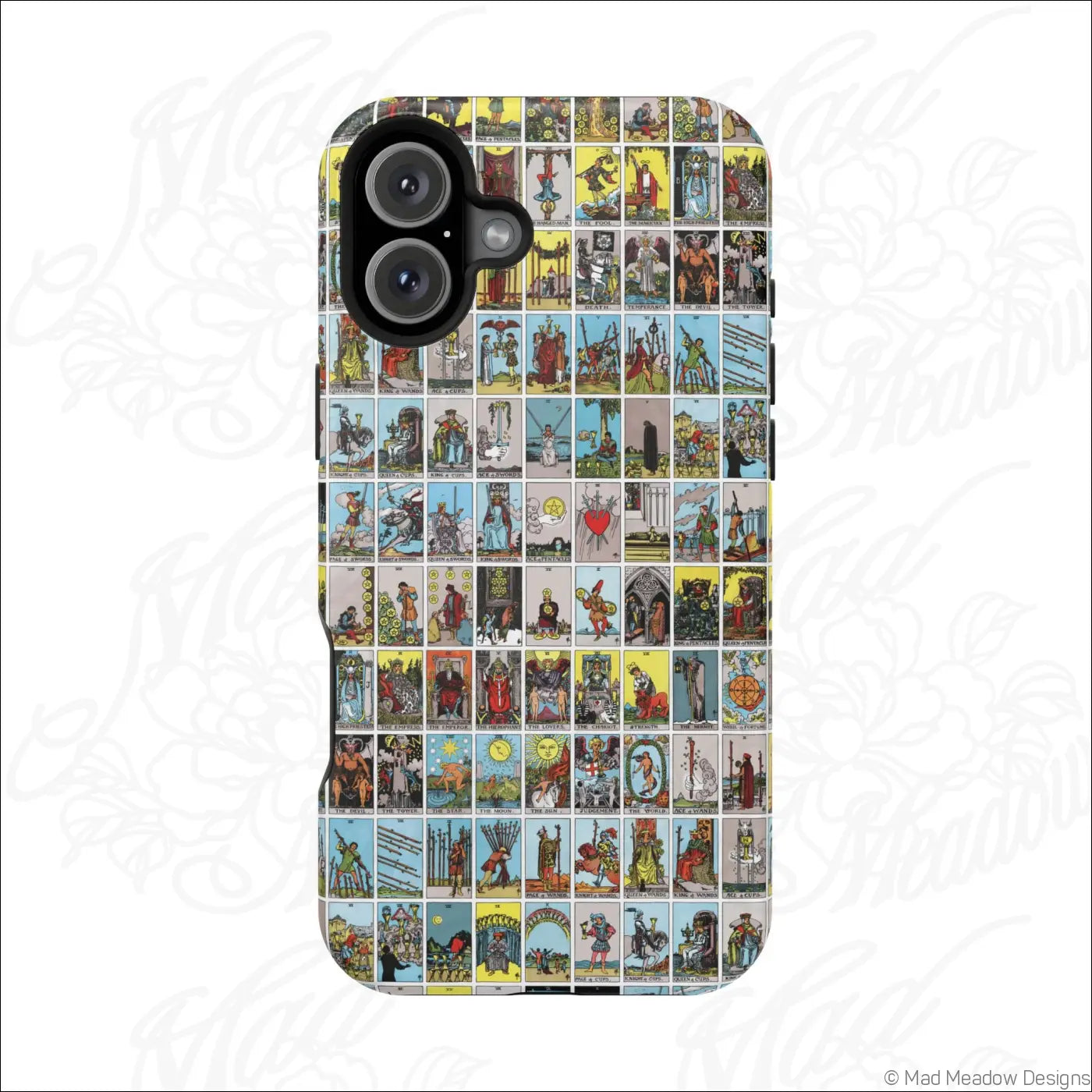 Back of a vibrant phone case with vintage tarot card collage print on a rigid polycarbonate shell for impact resistance