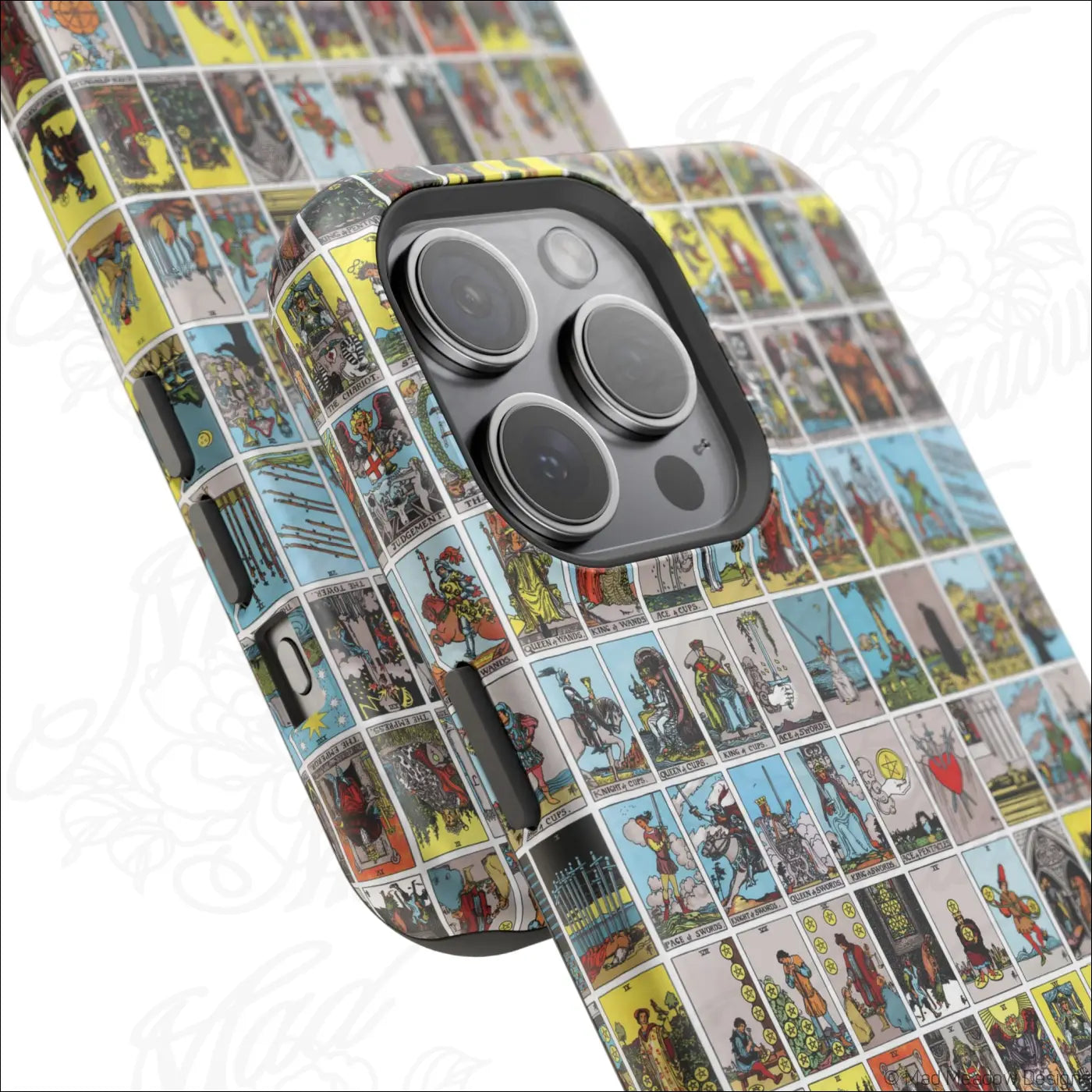 Back of a phone case with a vibrant vintage tarot card collage on a rigid polycarbonate shell in yellow blue and red