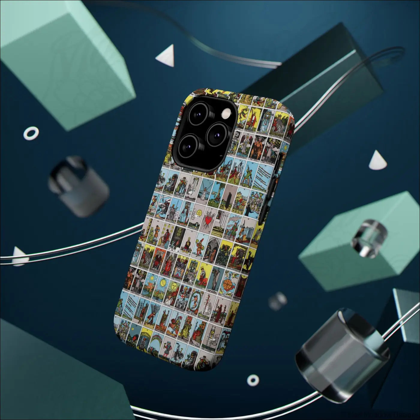 Back of a phone case with a vibrant vintage tarot card collage design on a rigid polycarbonate shell for impact resistance
