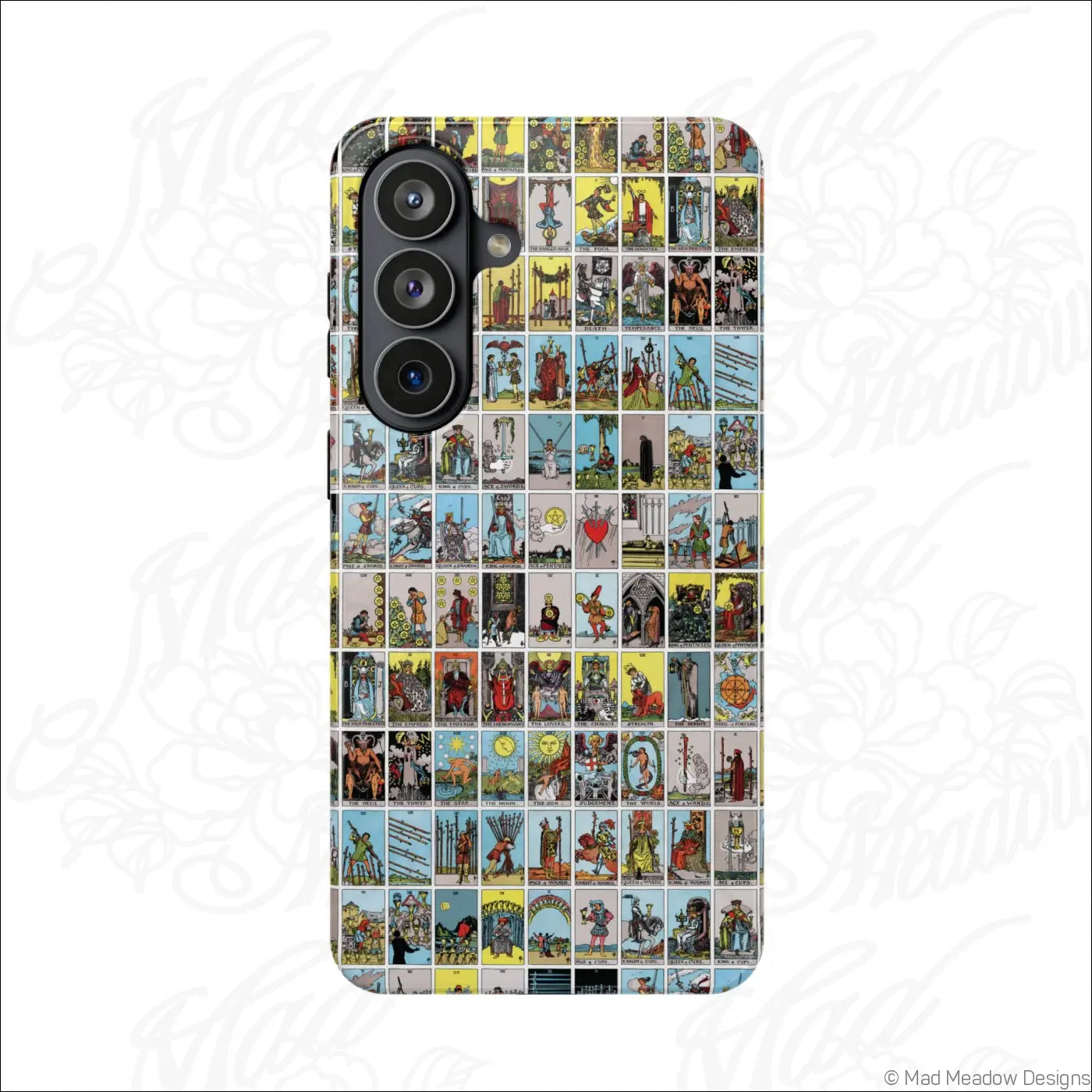 Back of phone case with vibrant vintage tarot card collage on rigid polycarbonate shell for impact resistance