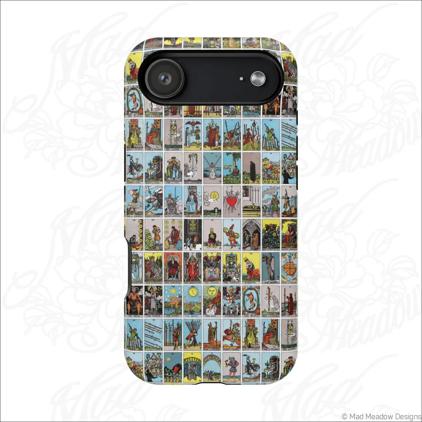 Back of a phone case with vibrant vintage tarot card collage pattern made of rigid polycarbonate shell for impact resistance