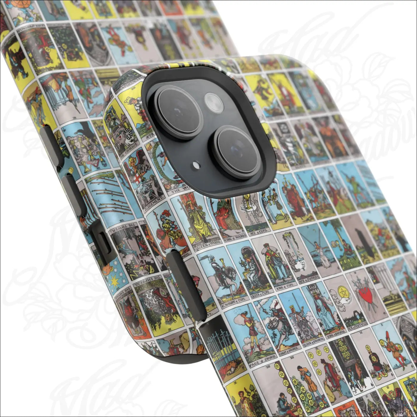 Back of a vibrant phone case with colorful vintage tarot card collage on rigid polycarbonate shell for impact resistance