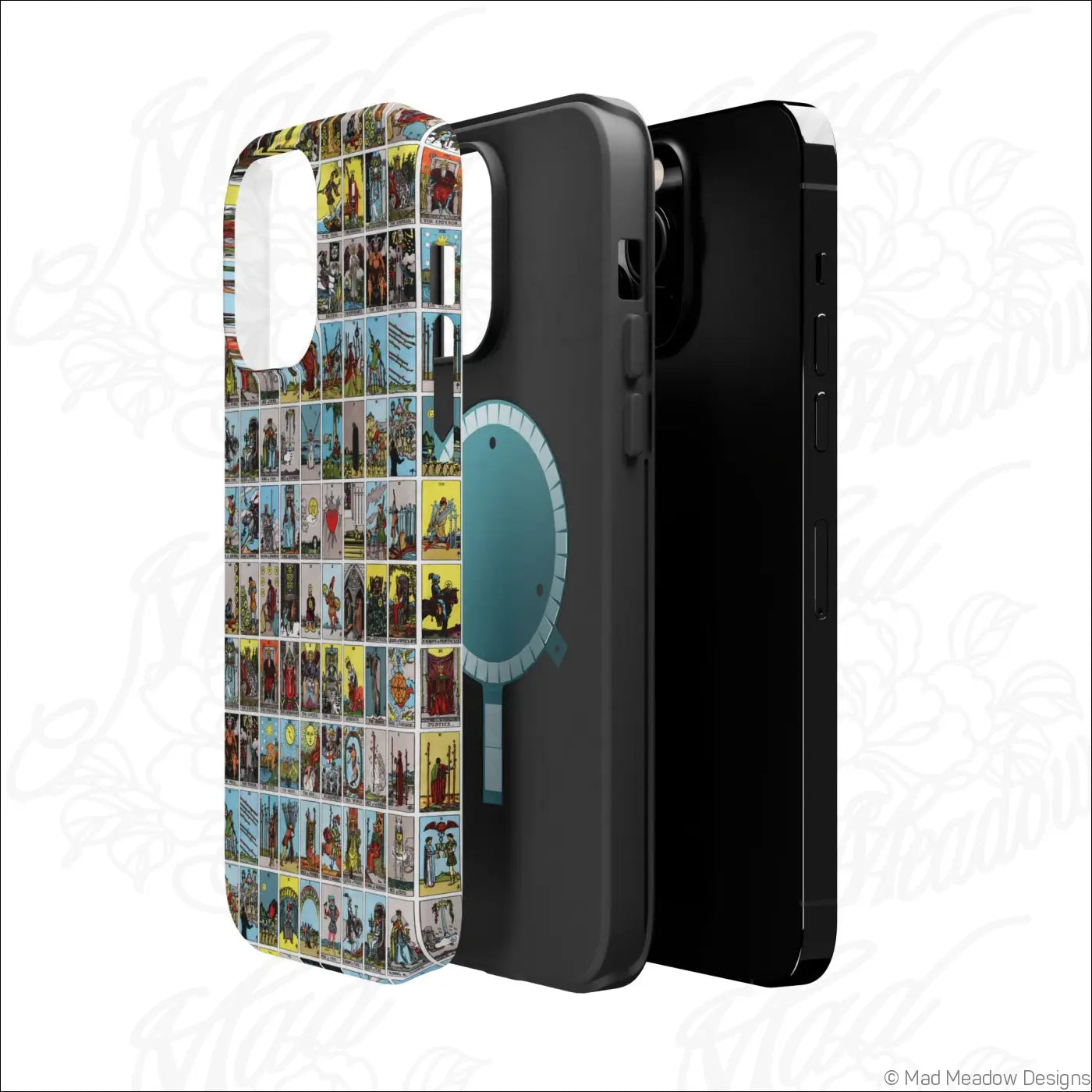 Black phone case with vibrant vintage tarot card collage print and rigid polycarbonate shell for impact resistance back side shown