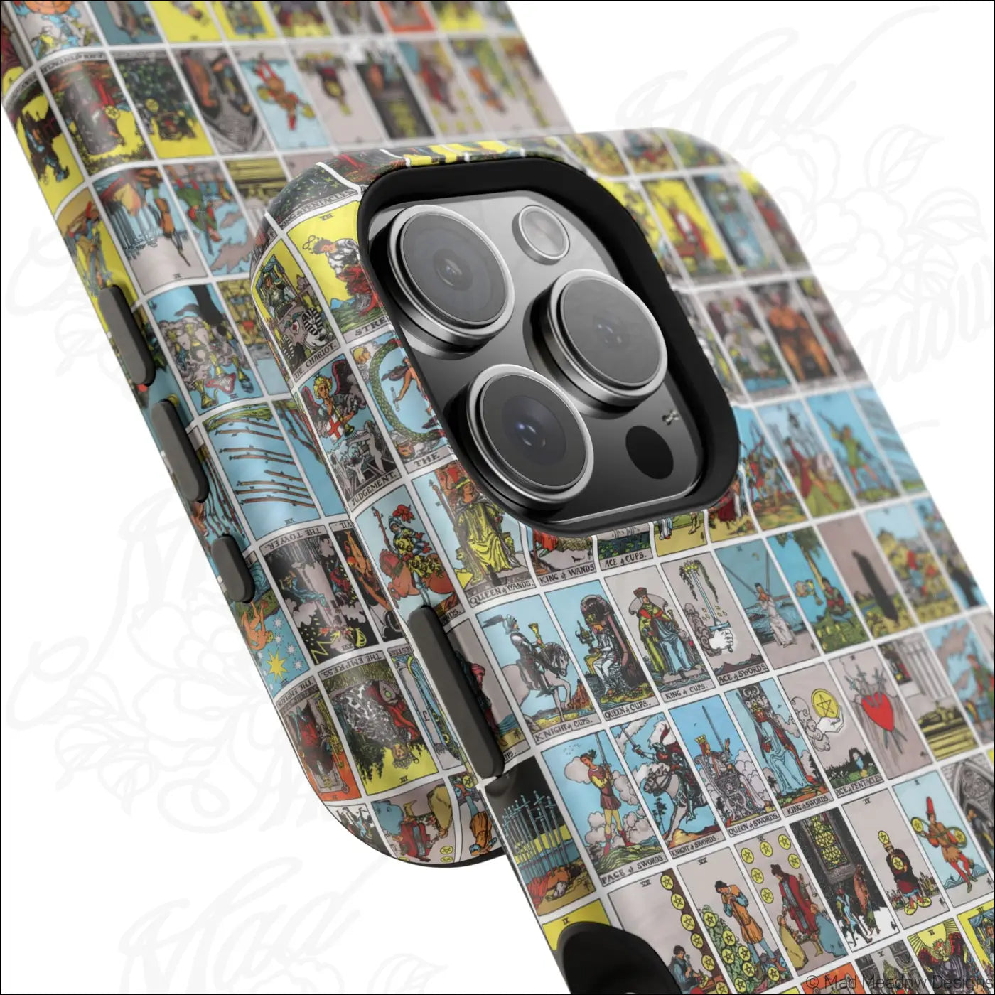 Back of a vibrant phone case with a rigid polycarbonate shell featuring vintage tarot card collage in bold colors