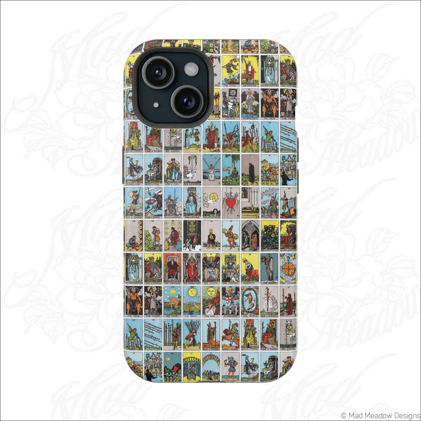 Back of a phone case with a vibrant vintage tarot card collage printed on a rigid polycarbonate shell for impact resistance