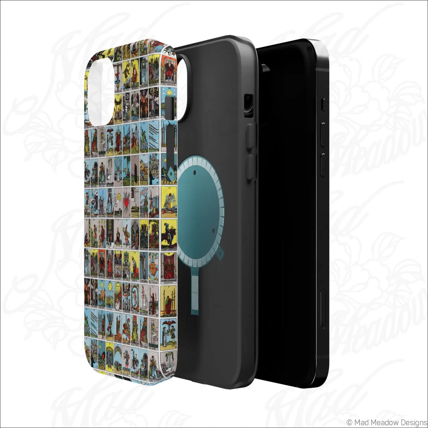Back of a black phone case with a vibrant vintage tarot card collage print made of rigid polycarbonate shell