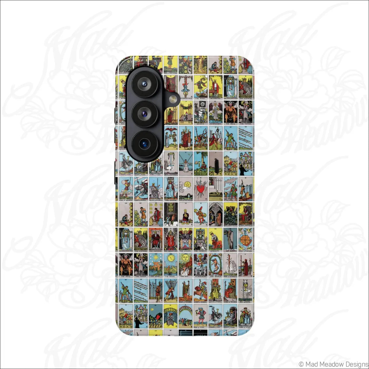 Back of a phone case with a vibrant vintage tarot card collage print on a rigid polycarbonate shell for impact resistance
