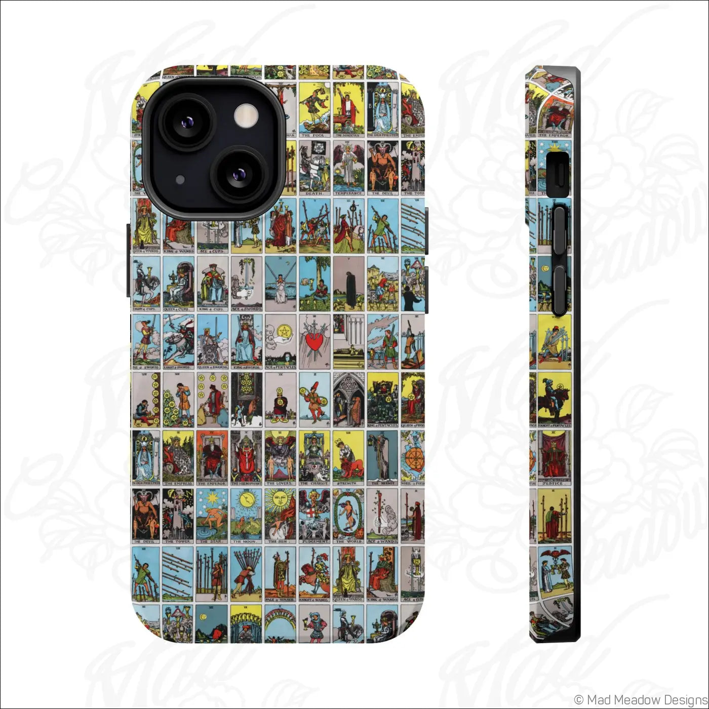Vibrant vintage tarot card collage phone case with rigid polycarbonate shell for impact resistance and full coverage design