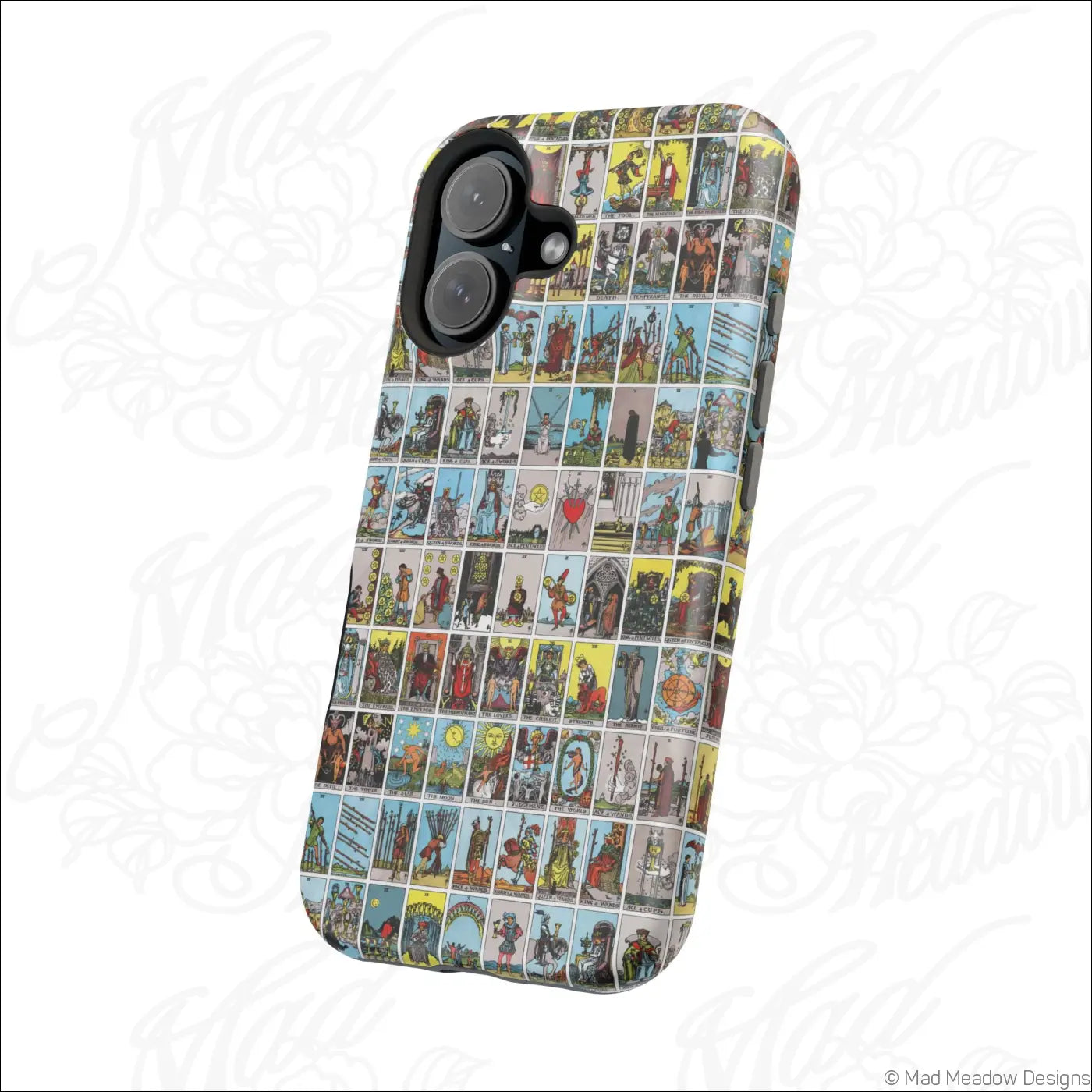 Vibrant phone case with vintage tarot card collage on rigid polycarbonate shell for impact resistance