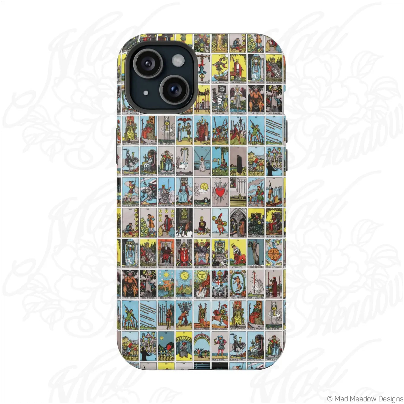 Back of a phone case with a vibrant vintage tarot card collage design in a rigid polycarbonate shell for impact resistance