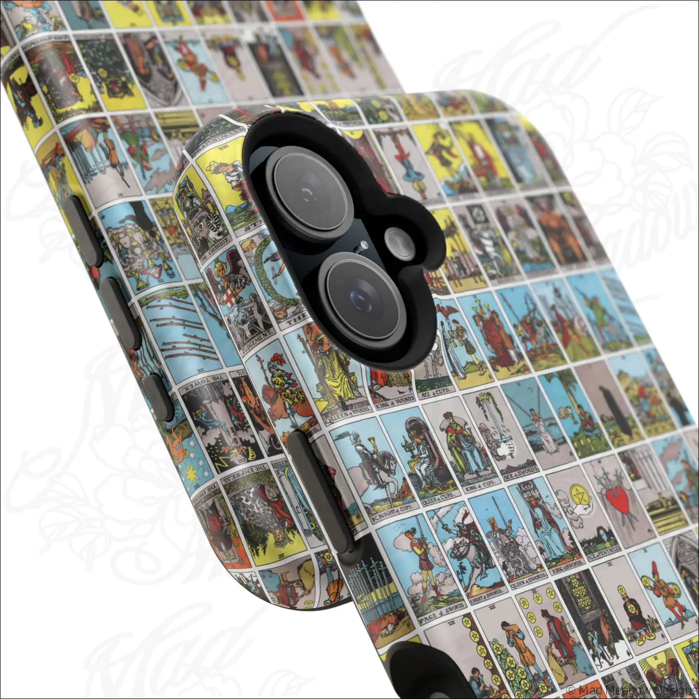 Vibrant phone case with rigid polycarbonate shell featuring colorful vintage tarot card collage on back side