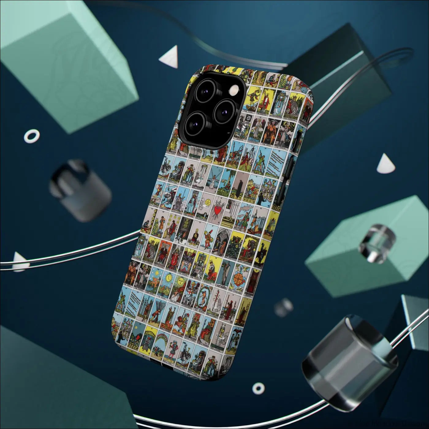 Vibrant phone case with vintage tarot card collage on rigid polycarbonate shell for magnetic impact resistance