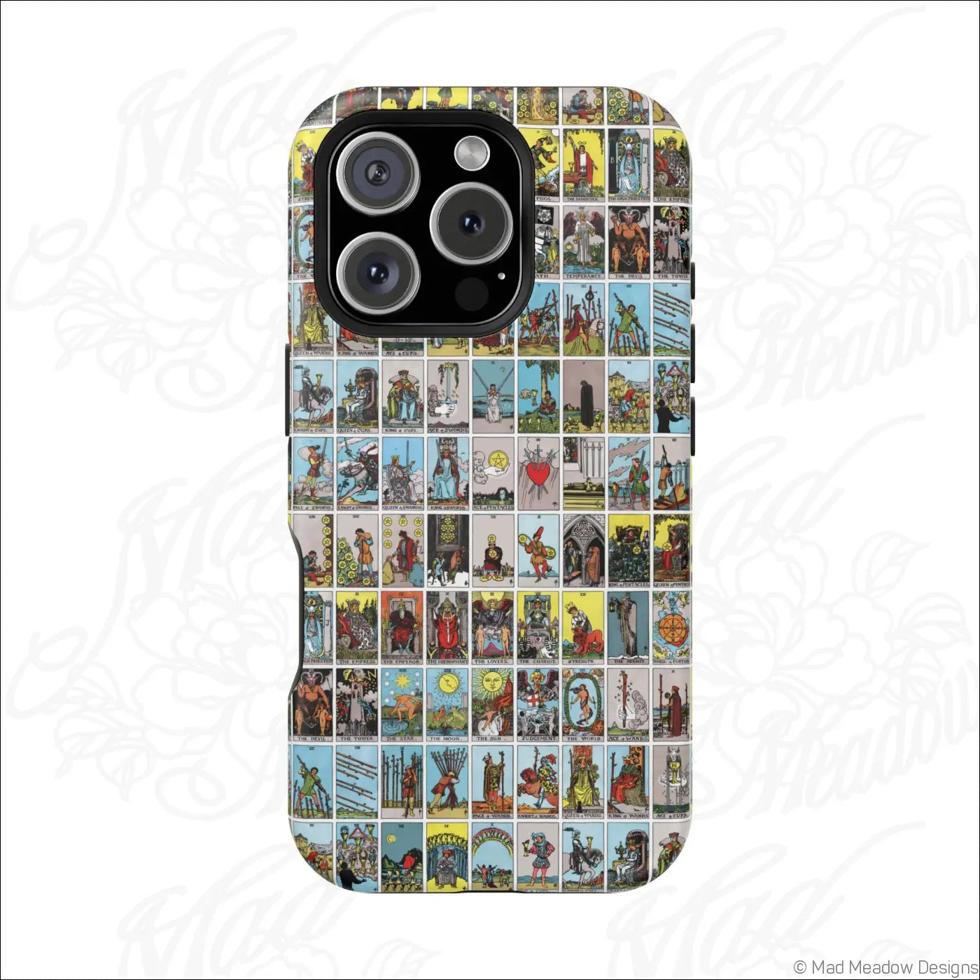 Back of a phone case with vibrant vintage tarot card collage on rigid polycarbonate shell for impact resistance