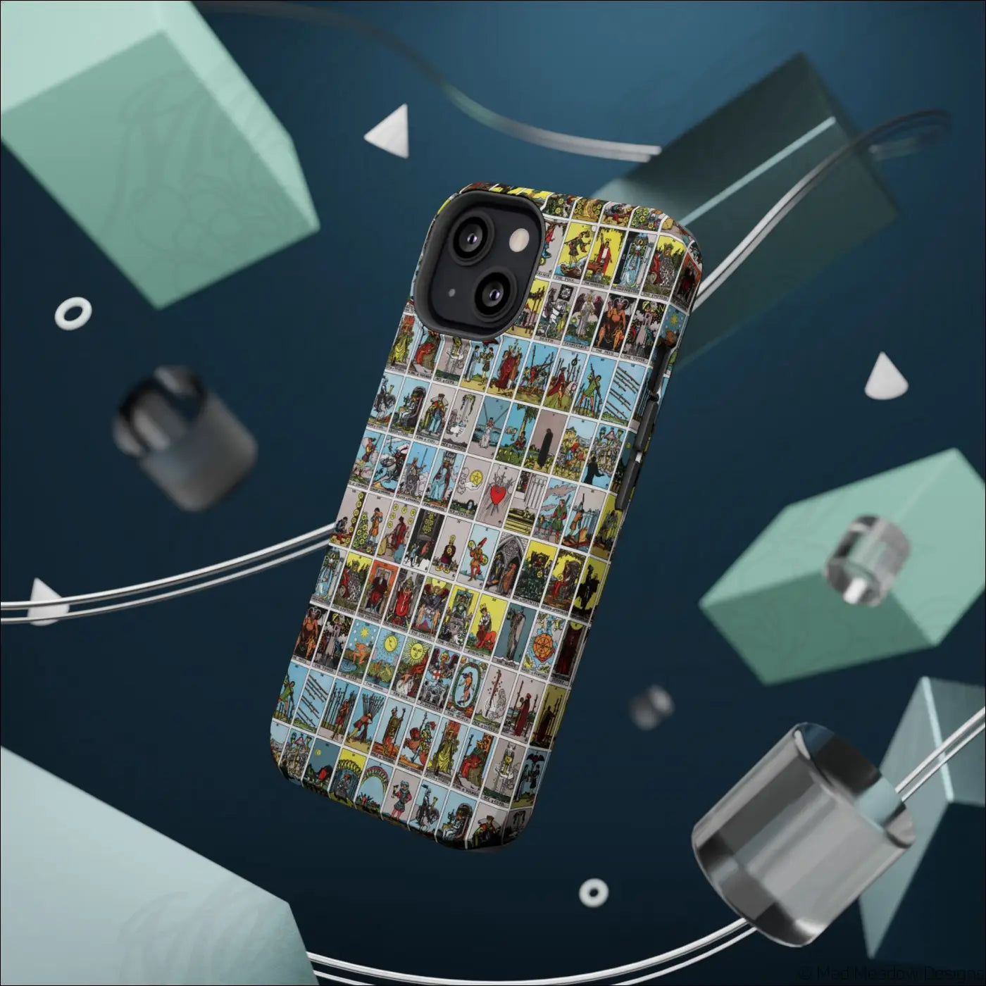 A vibrant rigid polycarbonate phone case featuring a detailed vintage tarot card collage on the back side