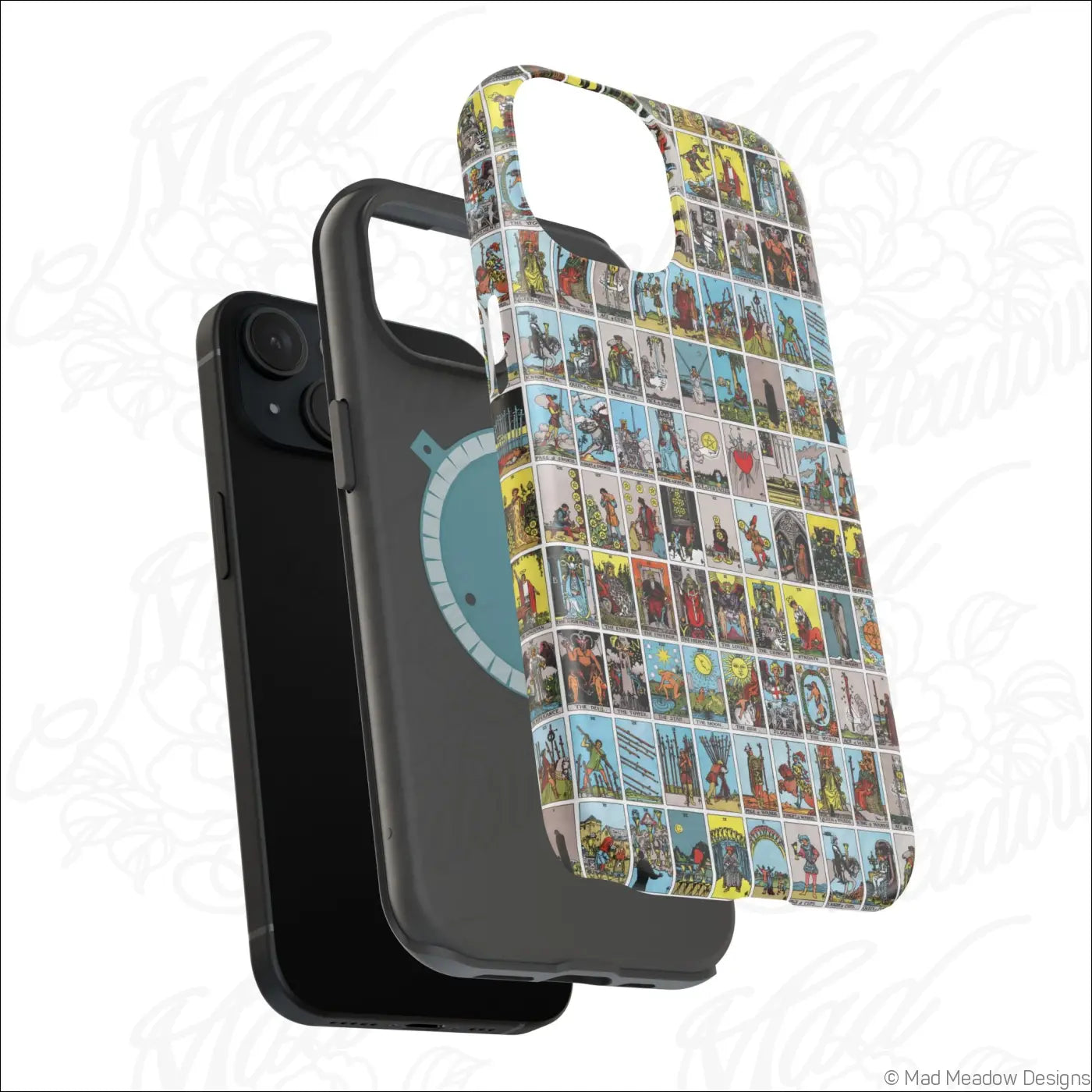 Vibrant phone case with a vintage tarot card collage on a rigid polycarbonate shell for impact resistance